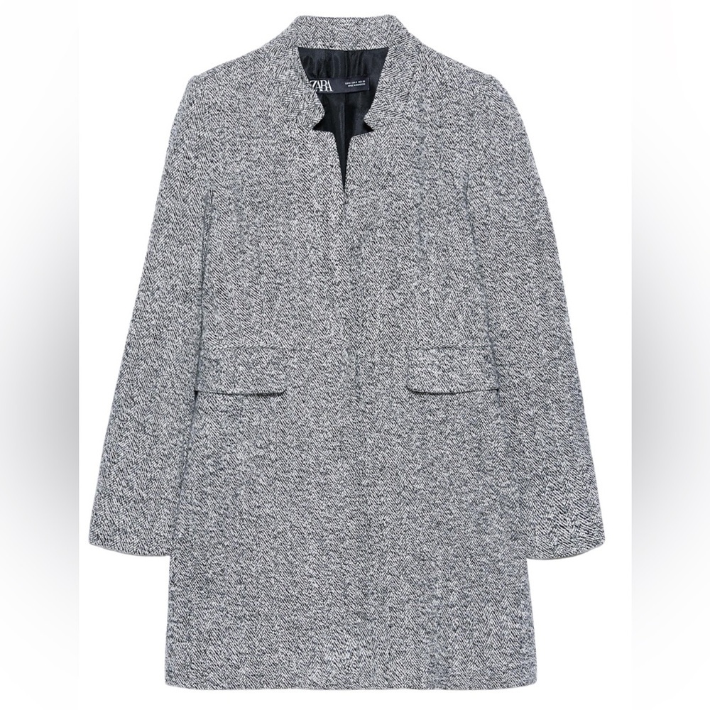 ZARA Herringbone Tweed Frock Coat Inverted Lapel Size Small